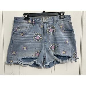 No Boundaries Cut Off Jean Shorts Size 13 High Rise Funky Flowers Distressed